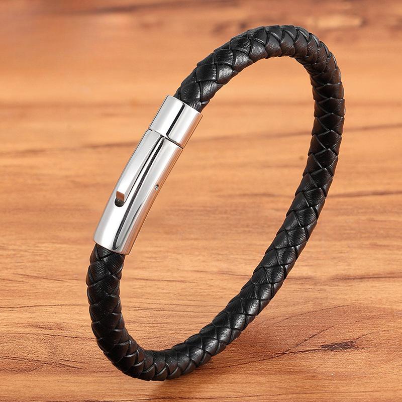 Einfaches Hip-Hop-Armband aus geflochtenem Leder aus Titanstahl, schwarzer Edelstahl, Punk-Armbänder für Herren, Freizeitsport, Radfahren, Schmuckzubehör 23cm von Joom DACH