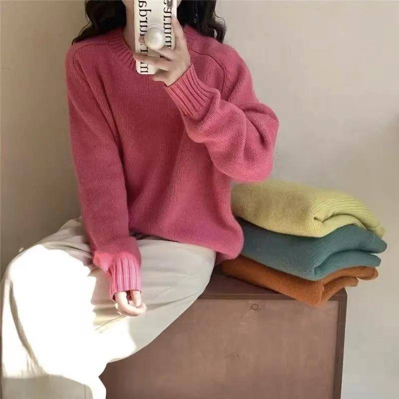 Einfachheit Lässig Herbst Winter Damen Pullover Fauler Wind Uni O-Ausschnitt Locker Langarm Überzieher Gestrickte Oberteile M von Joom DACH