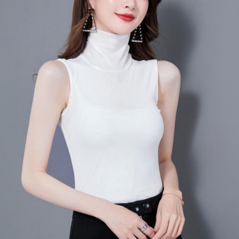 Einfarbig Ärmellos Rollkragen Slim-Fit Weste Unterziehshirt Damen Frühling und Sommer Neu Enges Schwarzes T-Shirt Top XL weiß von Joom DACH