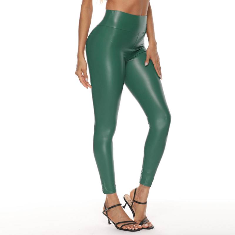 Einfarbige, hoch taillierte, vierseitig elastische Hüftlifting-Leggings aus Leder für Damen XXXXXL grün von Joom DACH