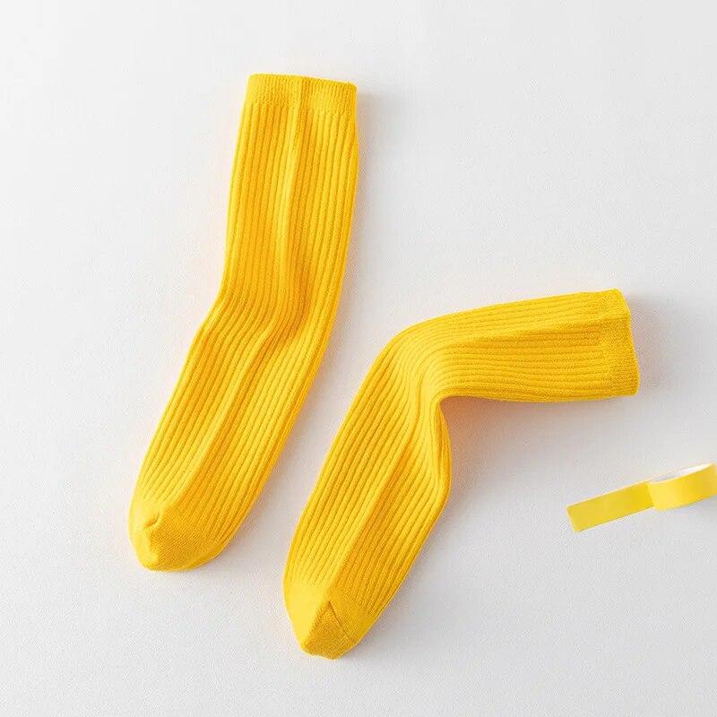 Einfarbige, leuchtende Farben, Herbst und Winter, hohe Elastizität, kniehohe lange Socken für Babys, Mädchen und Jungen, gerippte, gestreifte Strümpfe über der Wade gelb von Joom DACH