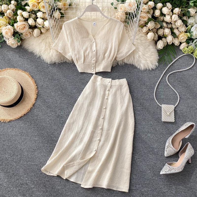 Einfarbige Homewear-Pyjamas für Damen mit V-Ausschnitt, kurzen Ärmeln, Plissee-Bluse + hoch tailliertem, schlankmachendem einreihigem Rock One Size von Joom DACH