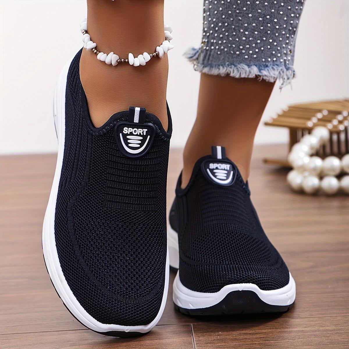 Einfarbige Plateau-Sneaker für Damen, atmungsaktive Slip-on-Outdoor-Schuhe aus Strick, bequeme Sportschuhe mit niedrigem Oberteil 37 schwarz von Joom DACH