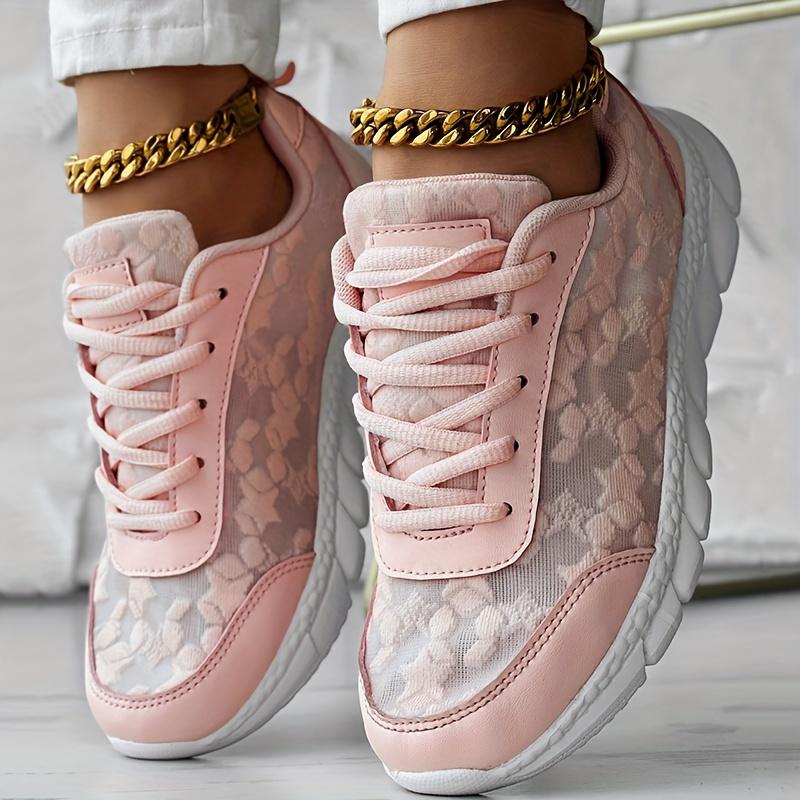 Einfarbige Sneakers mit Spitze für Damen, Plateau-Schnürschuhe mit weicher Sohle aus Mesh, atmungsaktive Low-Top-Schuhe für den Alltag 40 rosa von Joom DACH