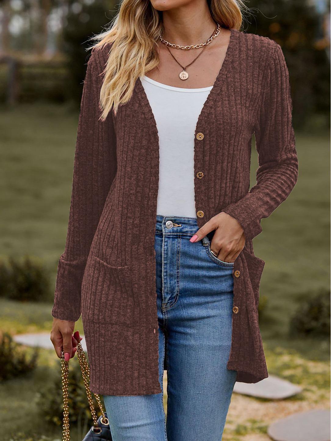 Einfarbige Strickjacke mit gebürsteten Streifen und geknöpftem Jackendesign für Damen 2024 L khaki von Joom DACH