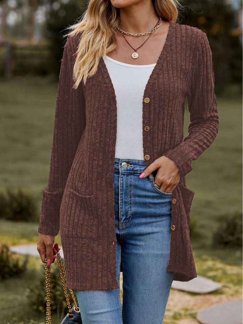 Einfarbige Strickjacke mit gebürsteten Streifen und geknöpftem Jackendesign für Damen 2024 L khaki von Joom DACH