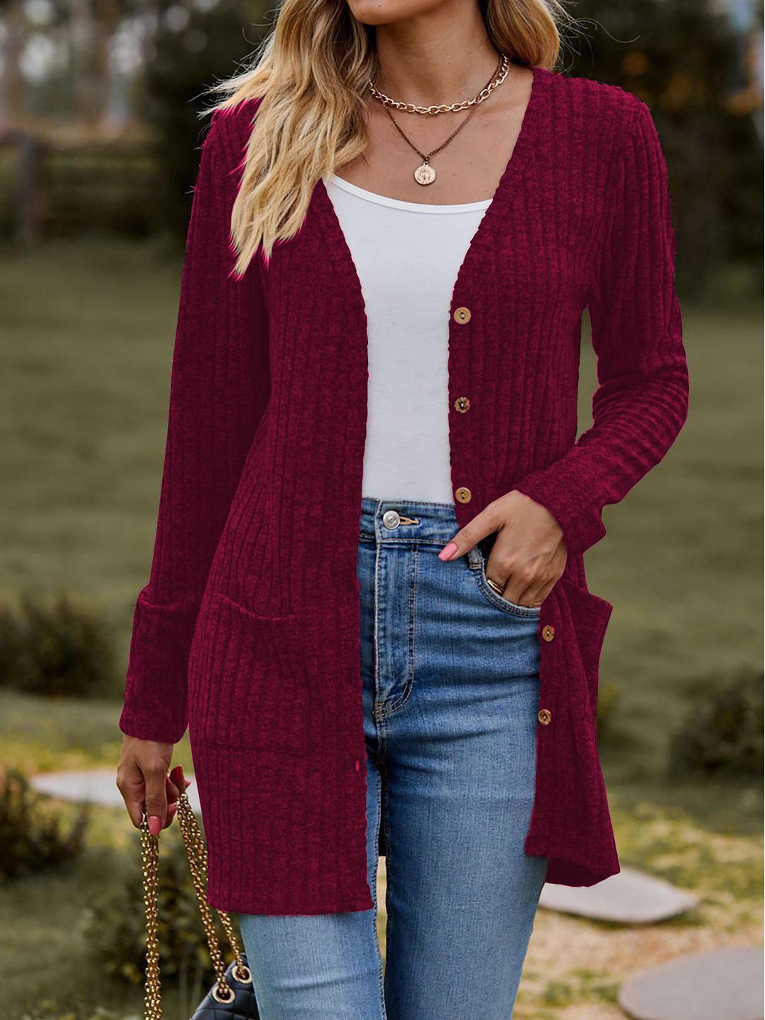 Einfarbige Strickjacke mit gebürsteten Streifen und geknöpftem Jackendesign für Damen 2024 XXL claret von Joom DACH