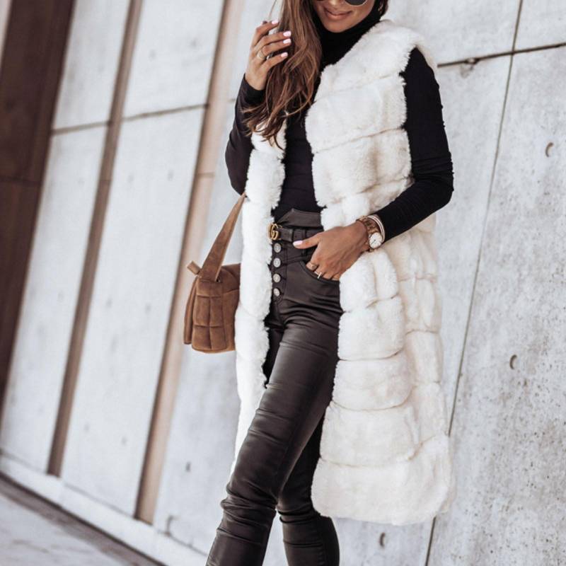 Einfarbige Weste für Damen mit Rundhalsausschnitt, warm, ärmellos, langer Weste XXL weiß von Joom DACH