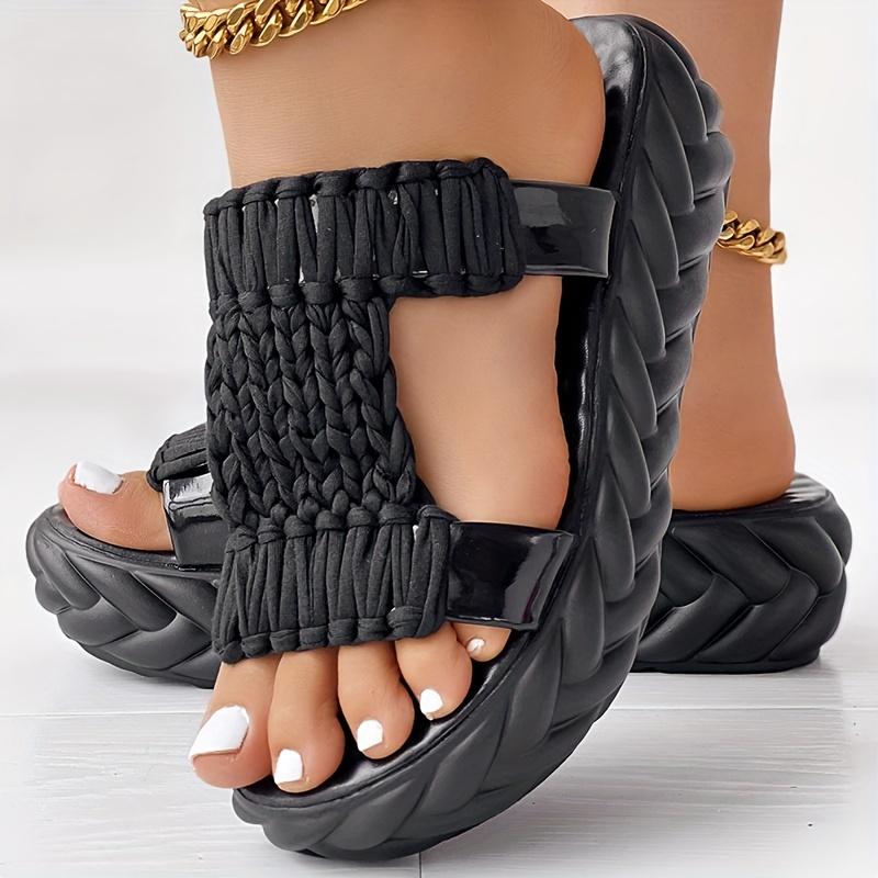 Einfarbige geflochtene Sandalen für Damen, Slip-On-Alltagsschuhe mit weicher Sohle und Plateau, vielseitige, bequeme Pantoletten für den Sommer 38 schwarz von Joom DACH