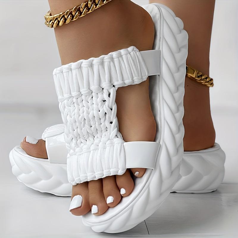 Einfarbige geflochtene Sandalen für Damen, Slip-On-Alltagsschuhe mit weicher Sohle und Plateau, vielseitige, bequeme Pantoletten für den Sommer 38 weiß von Joom DACH