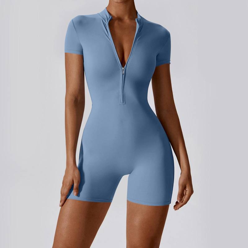 Einfarbiger, enger und elastischer dreiteiliger Yoga-Jumpsuit mit Reißverschluss für Damen mit offenem Hals M blau von Joom DACH