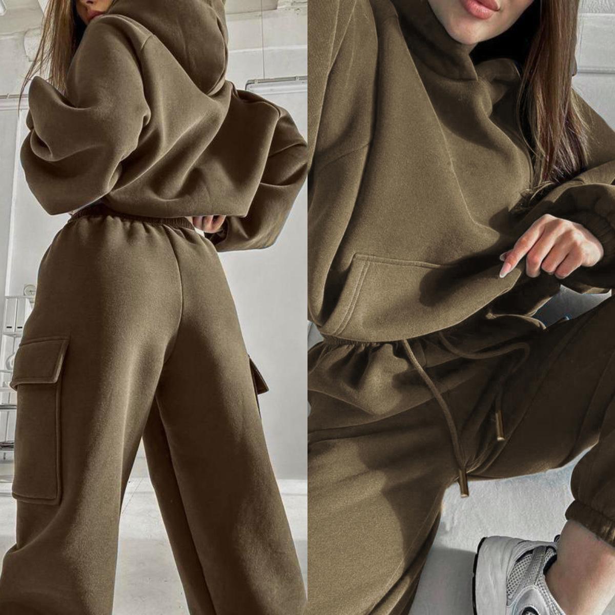 Einfarbiger, lässiger Sportanzug für Damen im Frühling und Herbst, langärmeliges Kapuzenpullover + Jogginghose, zweiteiliges Set L khaki von Joom DACH