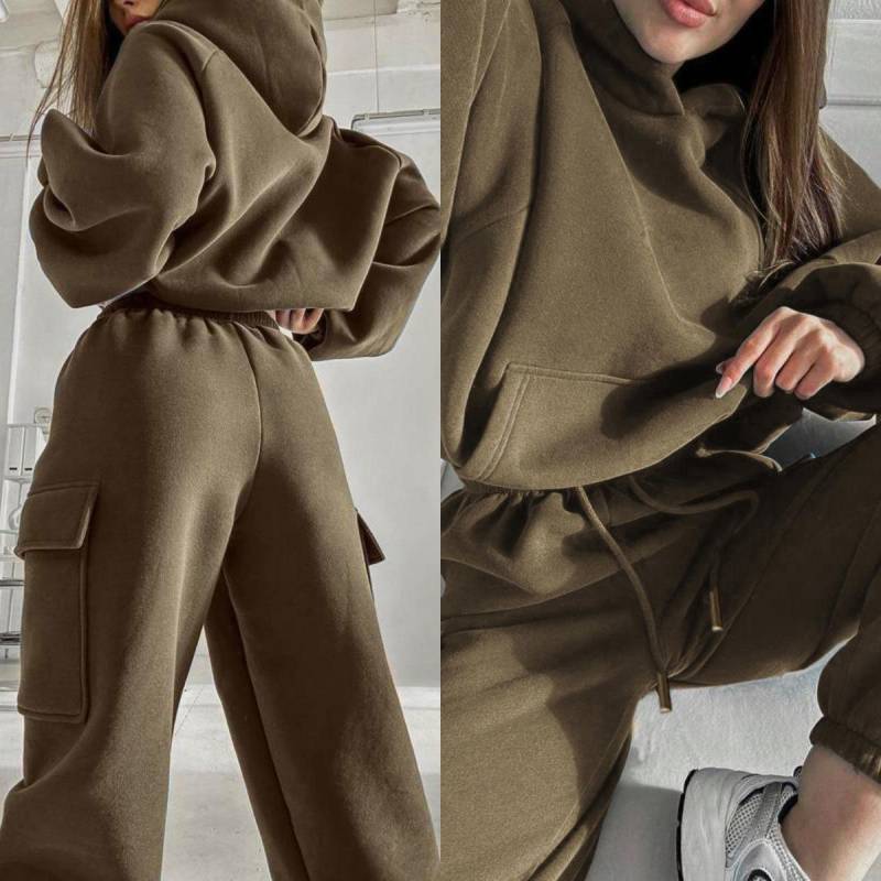 Einfarbiger, lässiger Sportanzug für Damen im Frühling und Herbst, langärmeliges Kapuzenpullover + Jogginghose, zweiteiliges Set L khaki von Joom DACH