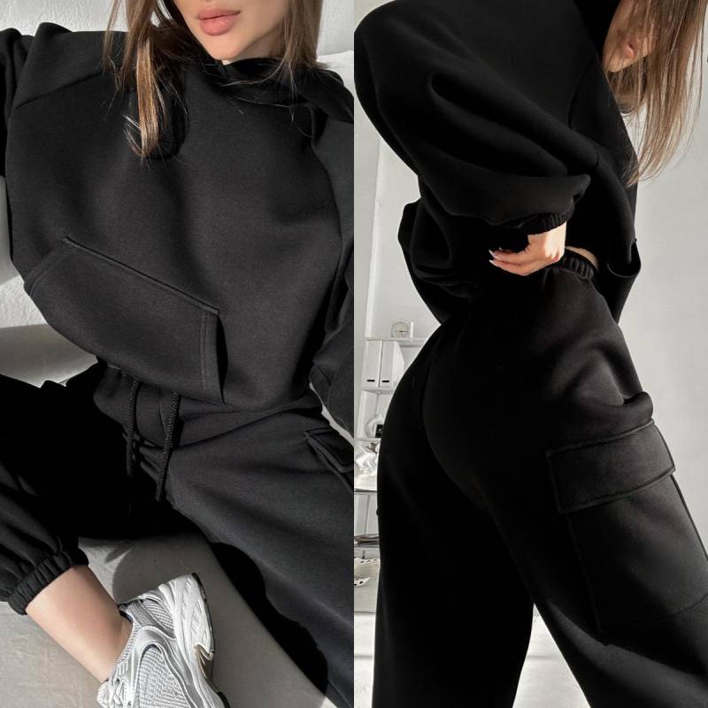 Einfarbiger, lässiger Sportanzug für Damen im Frühling und Herbst, langärmeliges Kapuzenpullover + Jogginghose, zweiteiliges Set L schwarz von Joom DACH