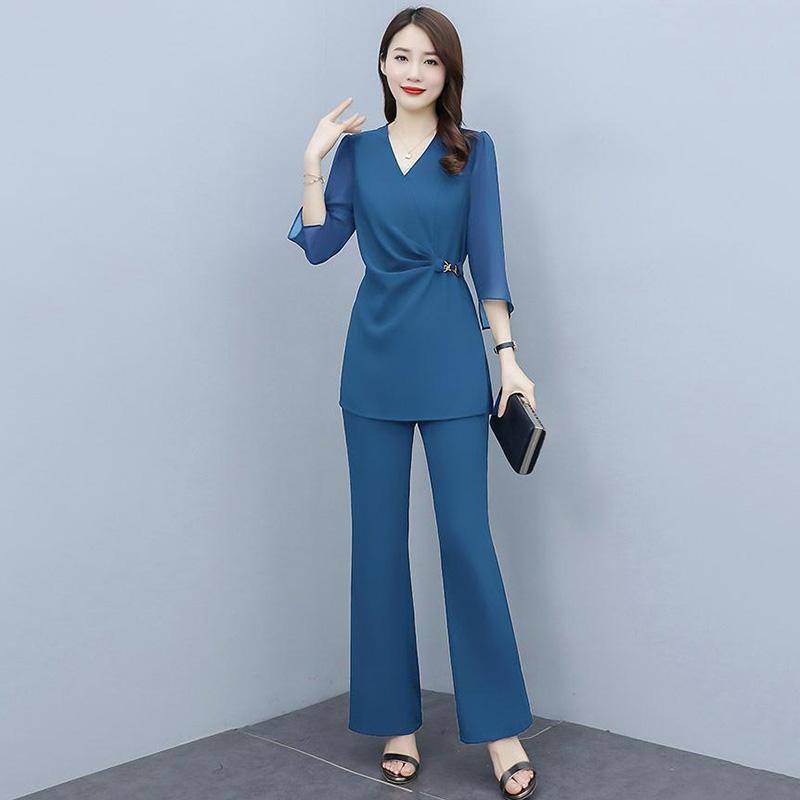 Einfarbiger Hosenanzug mit weitem Bein für Damen, Sommer, Chiffon, Temperament, professionell, Freizeit, zweiteiliger Stoff, leicht und atmungsaktiv L von Joom DACH