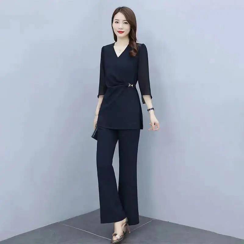 Einfarbiger Hosenanzug mit weitem Bein für Damen, Sommer, Chiffon, Temperament, professionell, Freizeit, zweiteiliger Stoff, leicht und atmungsaktiv XL von Joom DACH