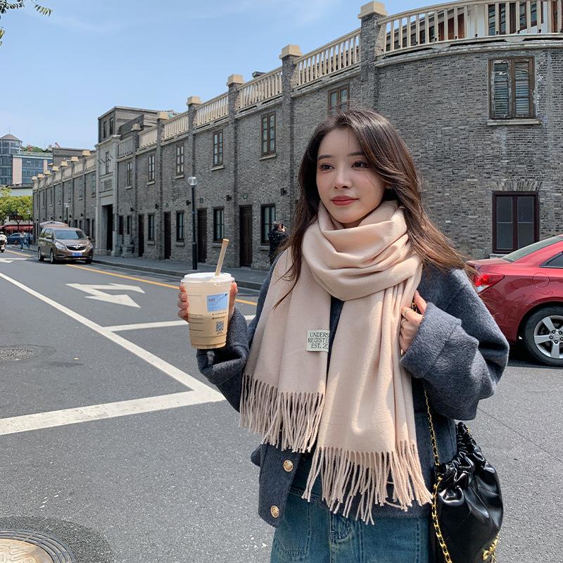 Einfarbiger Schal mit Kaschmirstruktur für Damen, neuer Winterschal mit dicker, warmer Quaste und einfarbigem Schal 2024 70x200cm von Joom DACH