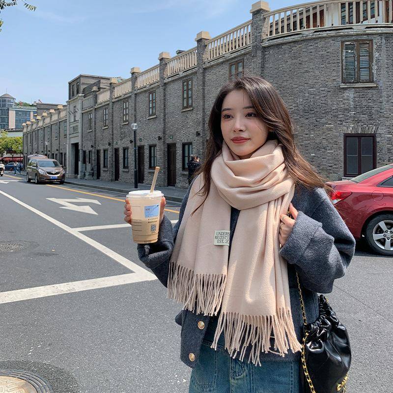 Einfarbiger Schal mit Kaschmirstruktur für Damen, neuer Winterschal mit dicker, warmer Quaste und einfarbigem Schal 2024 70x200cm von Joom DACH