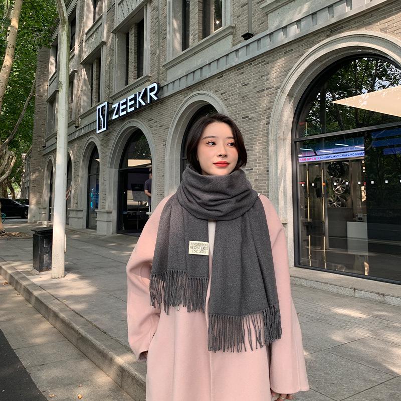 Einfarbiger Schal mit Kaschmirstruktur für Damen, neuer Winterschal mit dicker, warmer Quaste und einfarbigem Schal 2024 70x200cm von Joom DACH