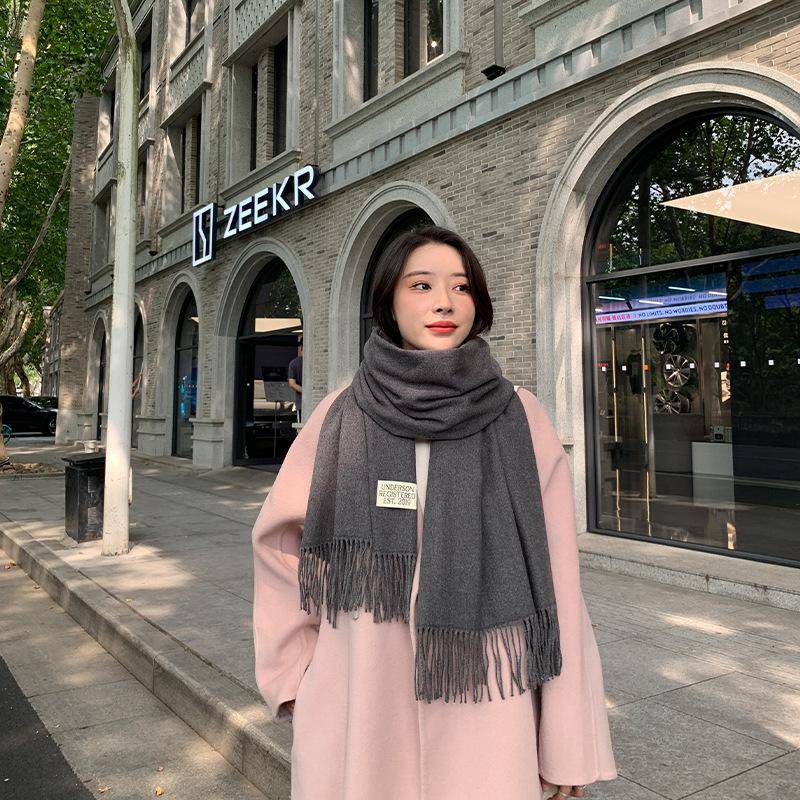 Einfarbiger Schal mit Kaschmirstruktur für Damen, neuer Winterschal mit dicker, warmer Quaste und einfarbigem Schal 2024 70x200cm von Joom DACH