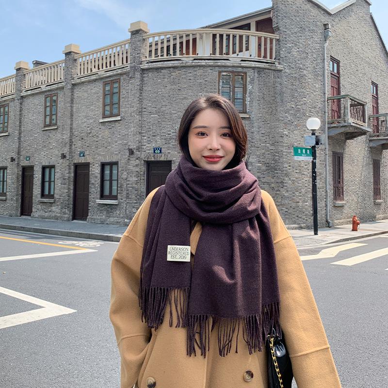 Einfarbiger Schal mit Kaschmirstruktur für Damen, neuer Winterschal mit dicker, warmer Quaste und einfarbigem Schal 2024 70x200cm von Joom DACH