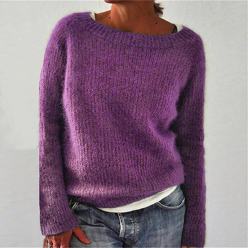 Einfarbiger Strickpullover für Damen – Langärmliges Basic-Design für Europa und Amerika L violett von Joom DACH