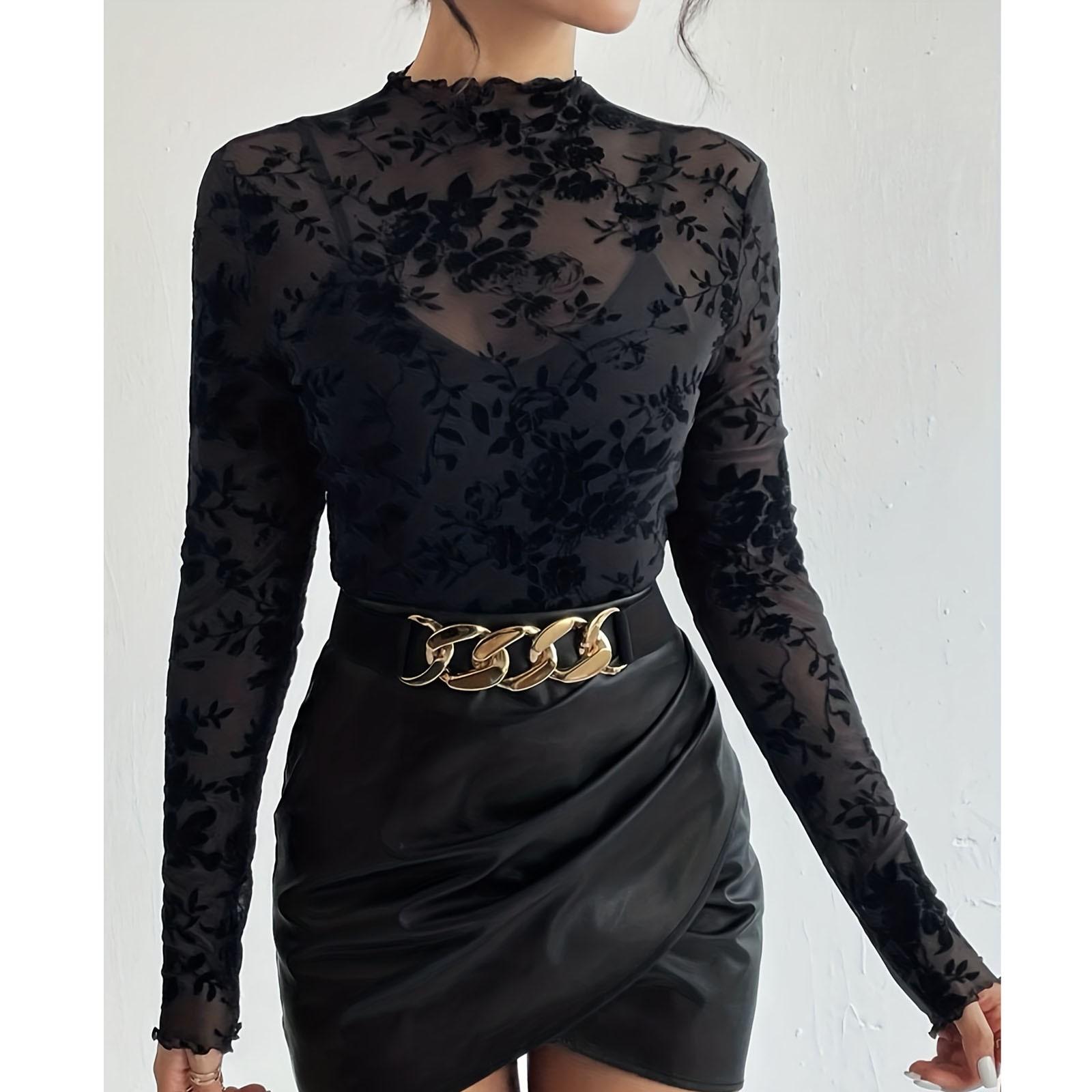 Einfarbiges, BH-freies Stehkragen-Netz-Shirt für Damen, langärmeliges Oberteil L schwarz von Joom DACH