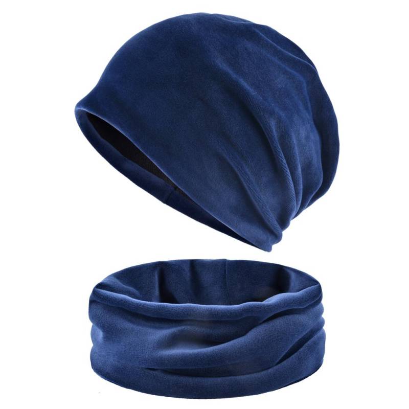 Einfarbiges Mützen- und Schal-Set für Damen, warme Samtmütze, Wintermütze, Turbanmütze für Damen 55-58CM blau von Joom DACH