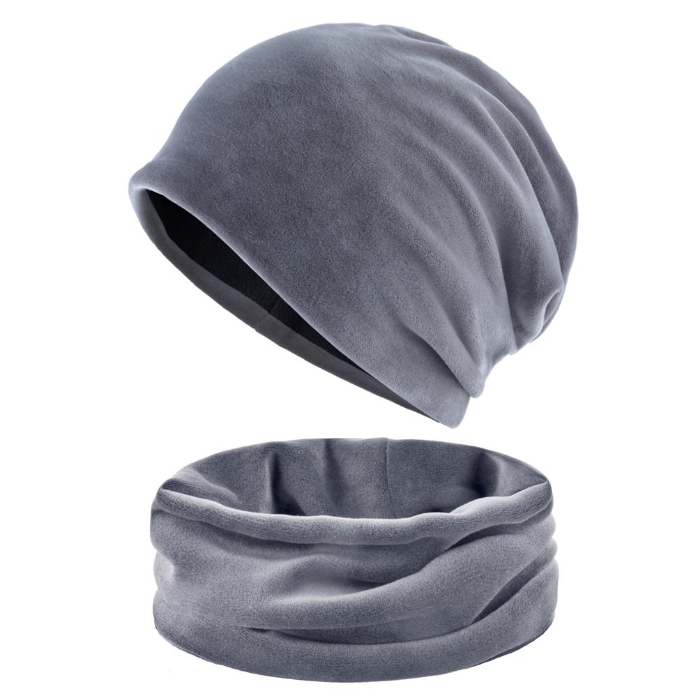 Einfarbiges Mützen- und Schal-Set für Damen, warme Samtmütze, Wintermütze, Turbanmütze für Damen 55-58CM grau von Joom DACH