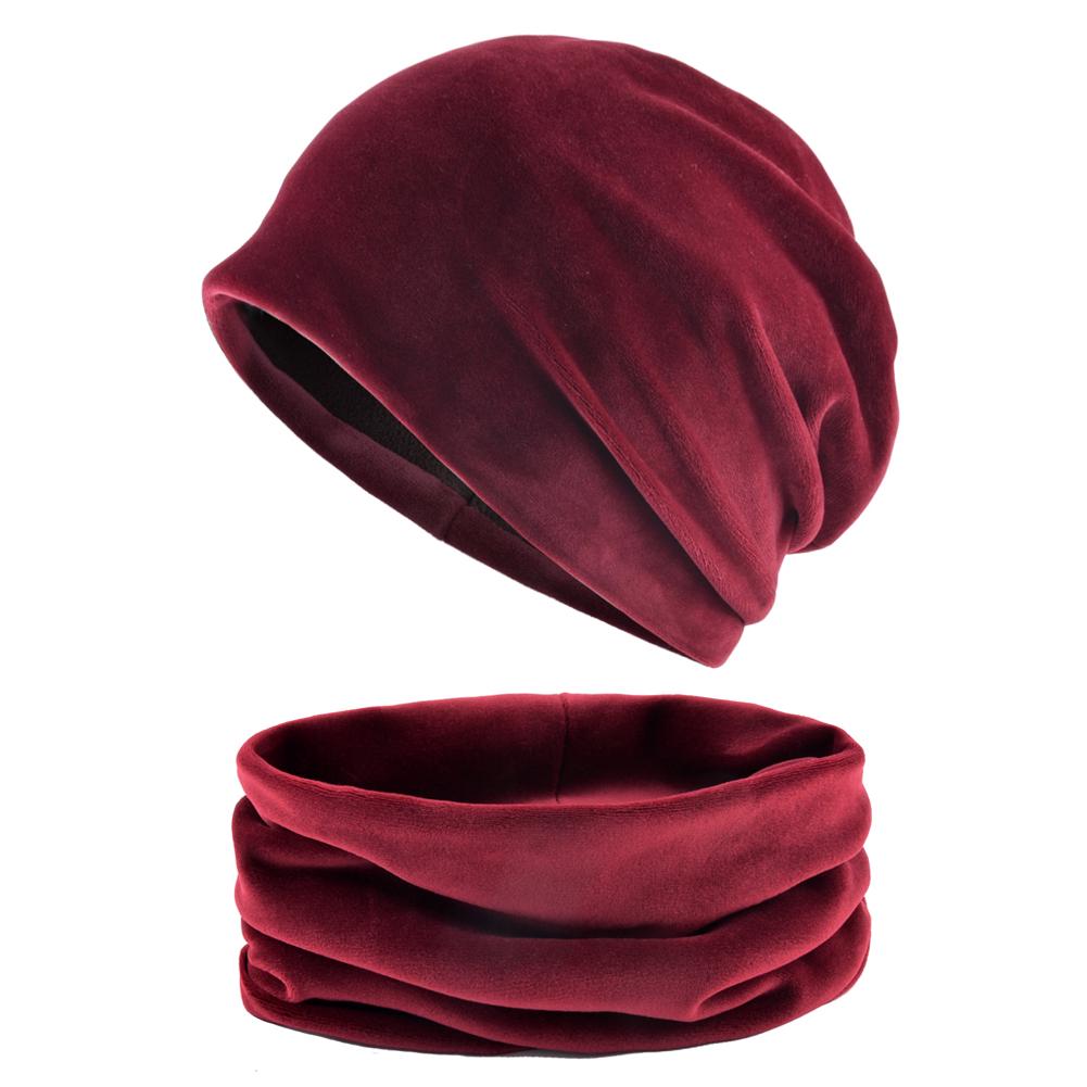 Einfarbiges Mützen- und Schal-Set für Damen, warme Samtmütze, Wintermütze, Turbanmütze für Damen 55-58CM rot von Joom DACH