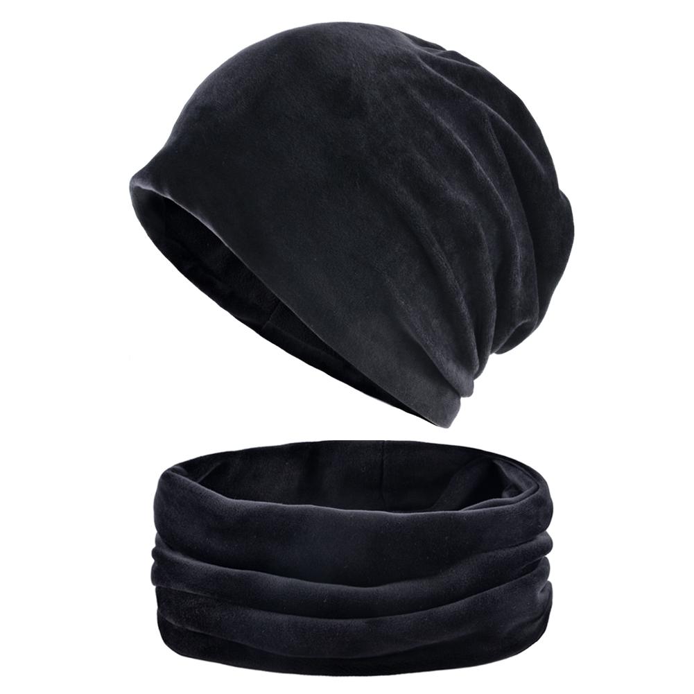 Einfarbiges Mützen- und Schal-Set für Damen, warme Samtmütze, Wintermütze, Turbanmütze für Damen 55-58CM schwarz von Joom DACH