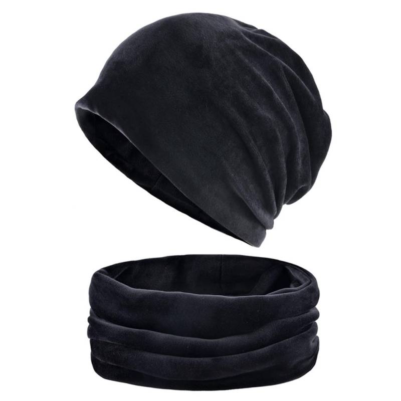 Einfarbiges Mützen- und Schal-Set für Damen, warme Samtmütze, Wintermütze, Turbanmütze für Damen 55-58CM schwarz von Joom DACH