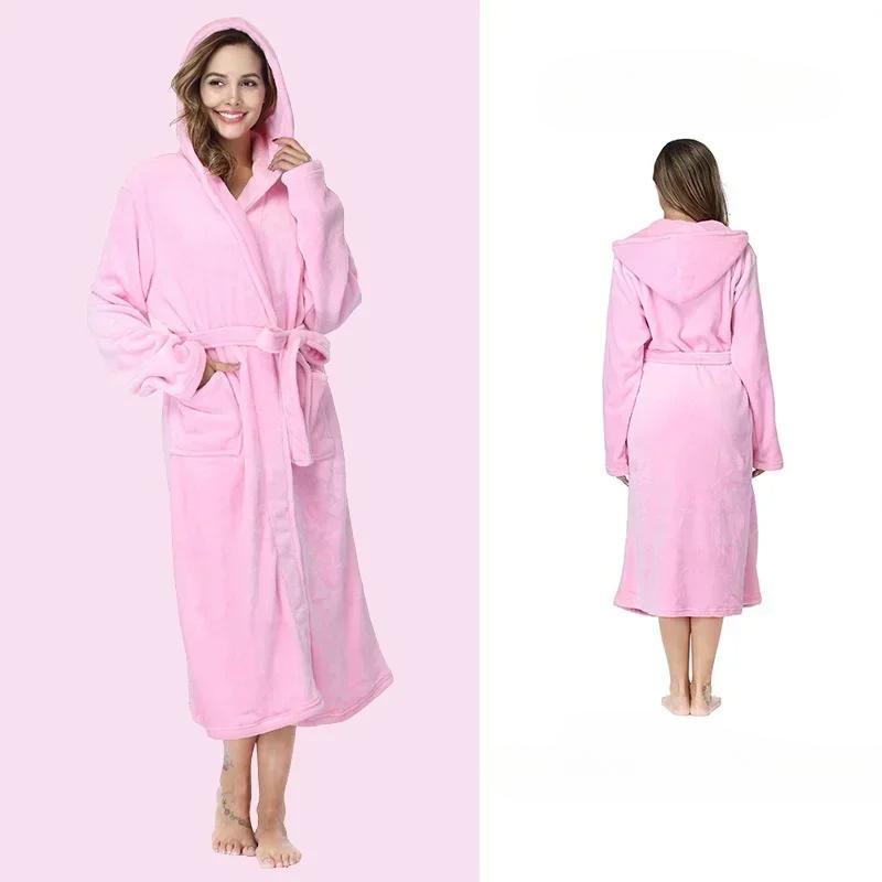 Einfarbiges Nachthemd mit Kapuze in Übergröße für Damen, Homewear, Herbst- und Winterpyjama für Hotels, verlängerter Flanell-Bademantel für Paare 2XL von Joom DACH