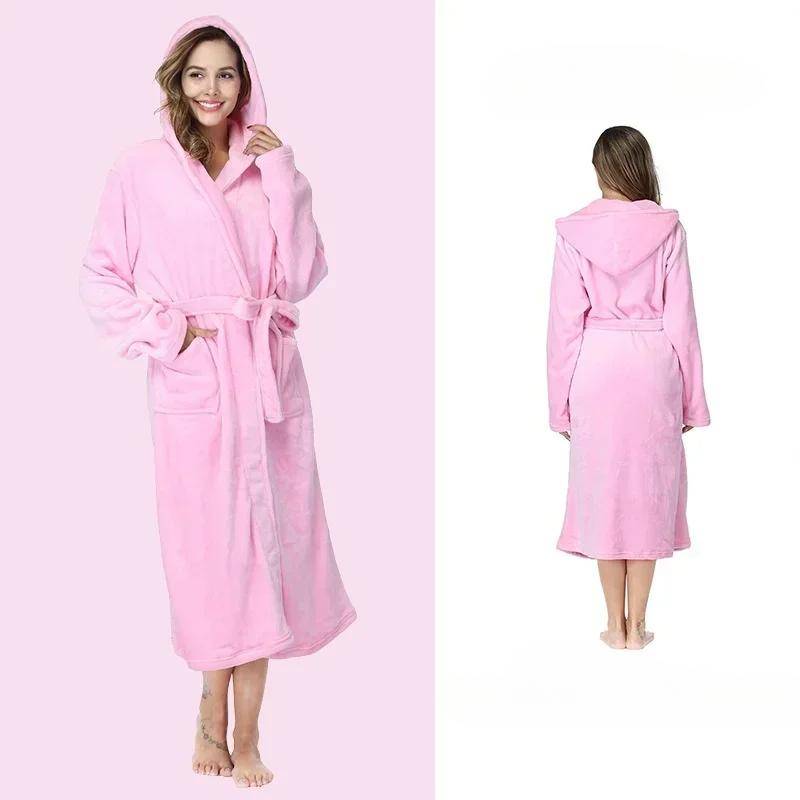 Einfarbiges Nachthemd mit Kapuze in Übergröße für Damen, Homewear, Herbst- und Winterpyjama für Hotels, verlängerter Flanell-Bademantel für Paare 2XL von Joom DACH
