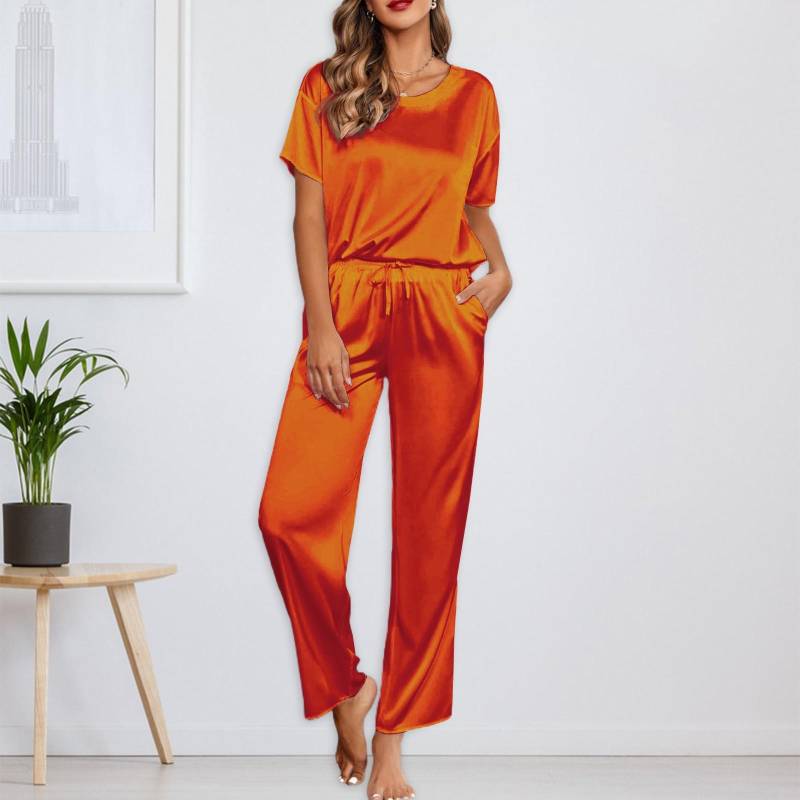 Einfarbiges Pyjama-Set aus Seide für Damen, kurzärmliges Hemd und lange Pyjamahose, weicher Pyjama, Loungewear XL orange von Joom DACH