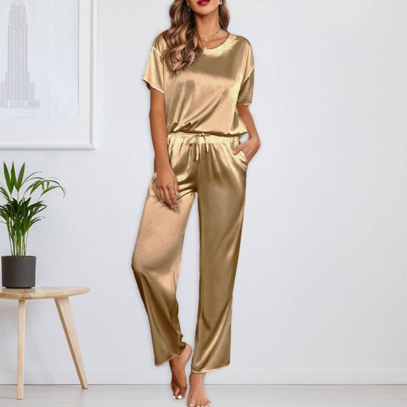 Einfarbiges Pyjama-Set aus Seide für Damen, kurzärmliges Hemd und lange Pyjamahose, weicher Pyjama, Loungewear XXL khaki von Joom DACH