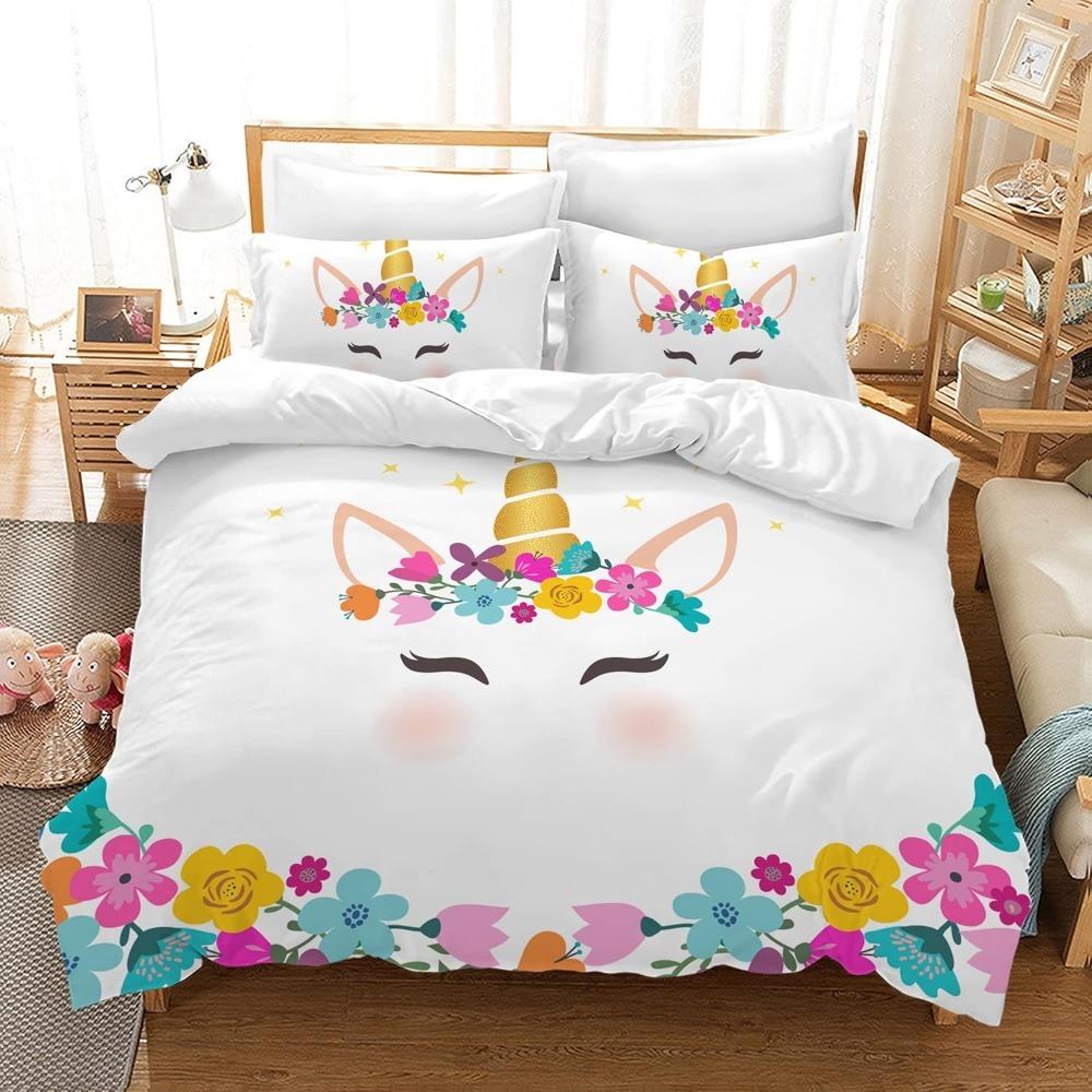 Einhorn Bettwäsche Kinderbettwäsche-Set mit Bettbezug und 2 Kissenbezügen, Cartoon Einhorn Mikrofaser Weiche Mädchenbettwäsche 90x200cm von Joom DACH