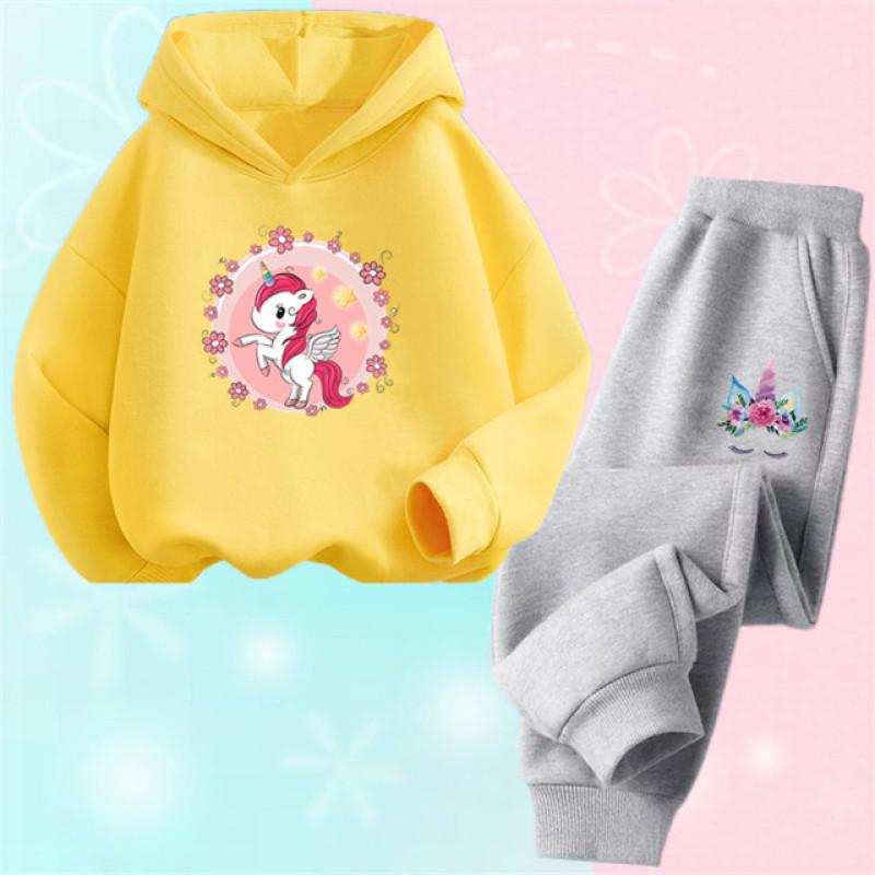 Einhorn-Hoodie-Set, Cartoon-Kinder-Kapuzenpullover, Sweatshirt und Hose, zweiteilige Einhorn-Outfits für Kinder, Mädchen von 3–14 Jahren 100 von Joom DACH