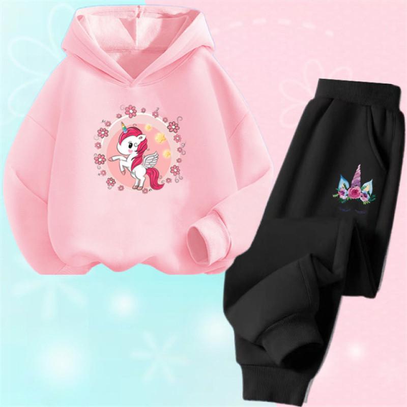 Einhorn-Hoodie-Set, Cartoon-Kinder-Kapuzenpullover, Sweatshirt und Hose, zweiteilige Einhorn-Outfits für Kinder, Mädchen von 3–14 Jahren 100 von Joom DACH