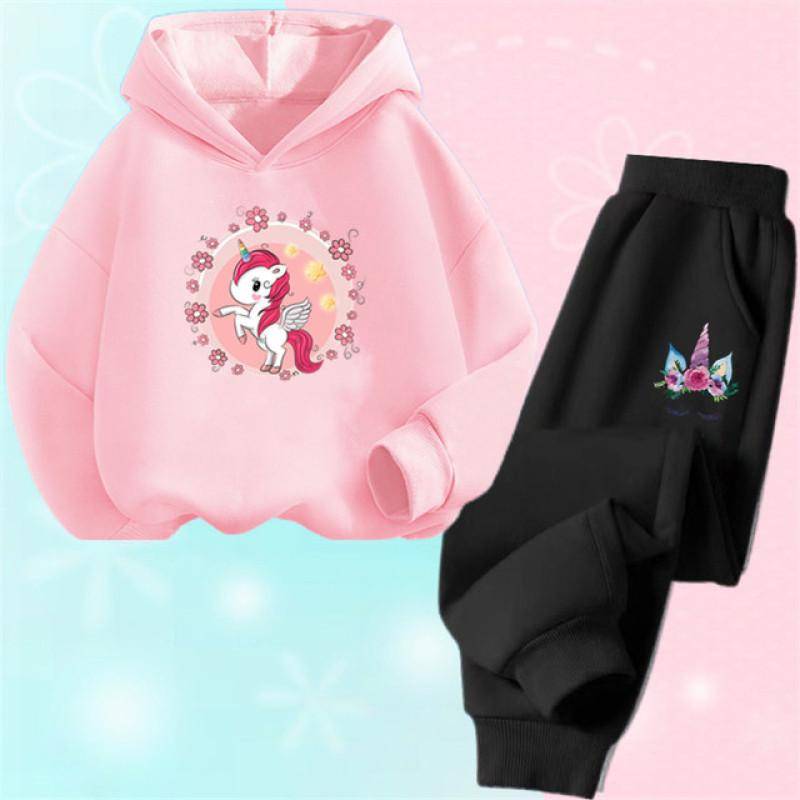 Einhorn-Hoodie-Set, Cartoon-Kinder-Kapuzenpullover, Sweatshirt und Hose, zweiteilige Einhorn-Outfits für Kinder, Mädchen von 3–14 Jahren 100 von Joom DACH