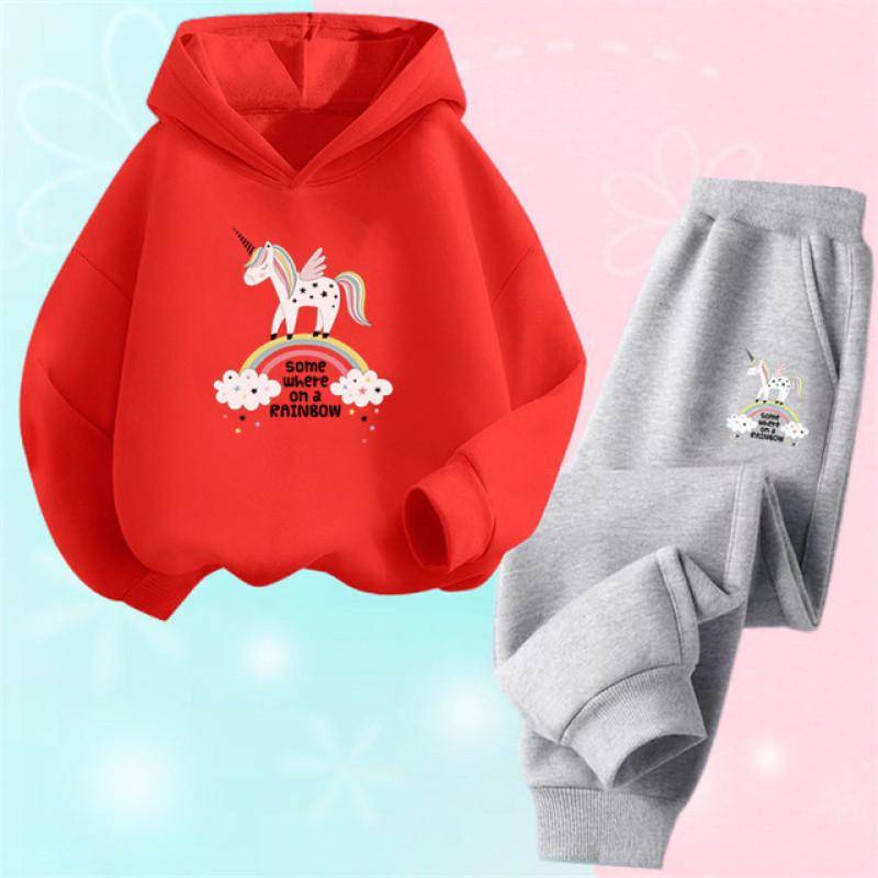 Einhorn-Hoodie-Set, Cartoon-Kinder-Kapuzenpullover, Sweatshirt und Hose, zweiteilige Einhorn-Outfits für Kinder, Mädchen von 3–14 Jahren 100 von Joom DACH