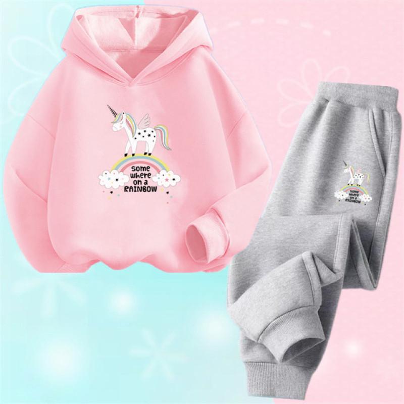 Einhorn-Hoodie-Set, Cartoon-Kinder-Kapuzenpullover, Sweatshirt und Hose, zweiteilige Einhorn-Outfits für Kinder, Mädchen von 3–14 Jahren 110 von Joom DACH