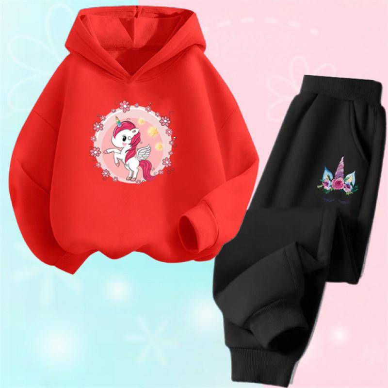 Einhorn-Hoodie-Set, Cartoon-Kinder-Kapuzenpullover, Sweatshirt und Hose, zweiteilige Einhorn-Outfits für Kinder, Mädchen von 3–14 Jahren 130 von Joom DACH