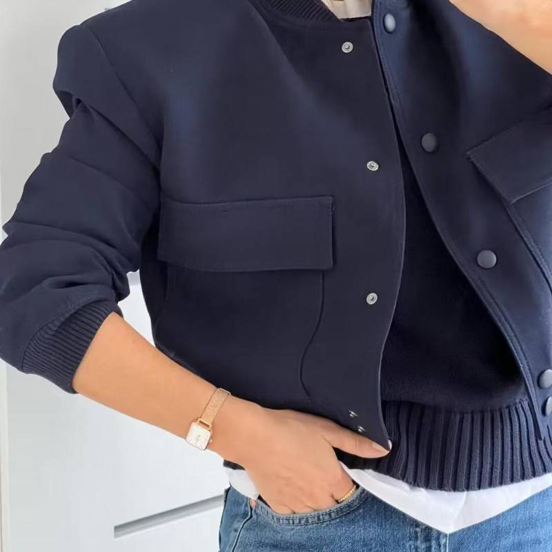 Einreiher Bomberjacke Mantel Frauen Elegante Langarm Große Tasche Kurzmantel Frühling Damenmode Mäntel S dunkelblaue von Joom DACH