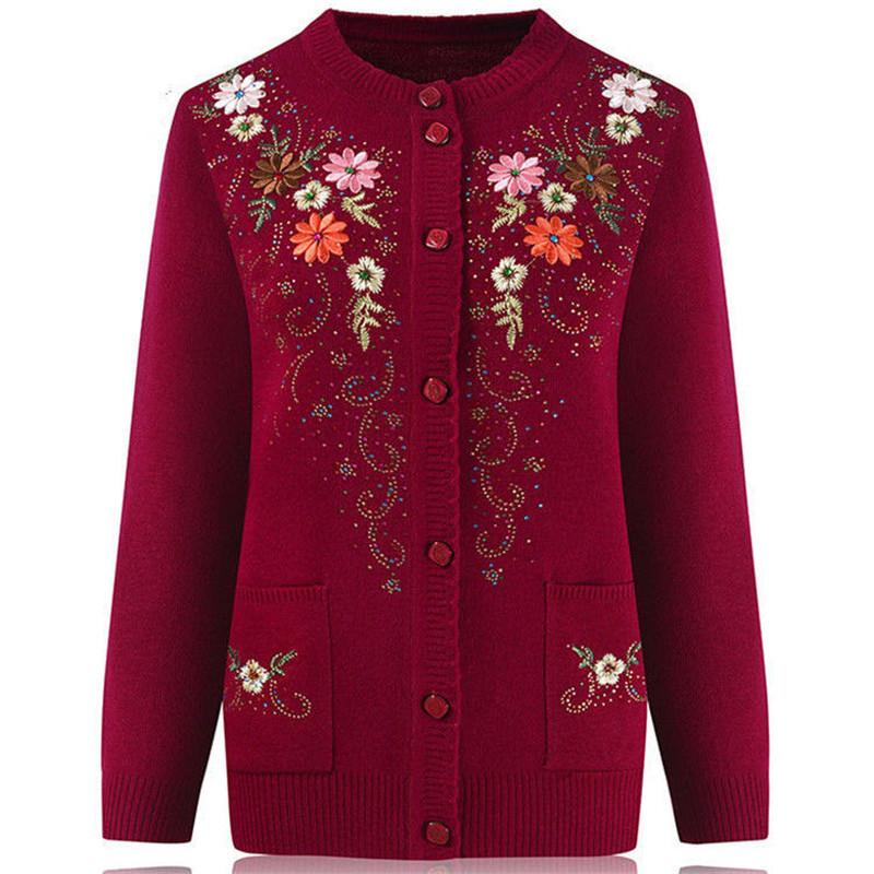 Einreihiger Slim-Pullovermantel für Damen im mittleren und älteren Alter mit Stickerei-Strickjacke XXXXL von Joom DACH