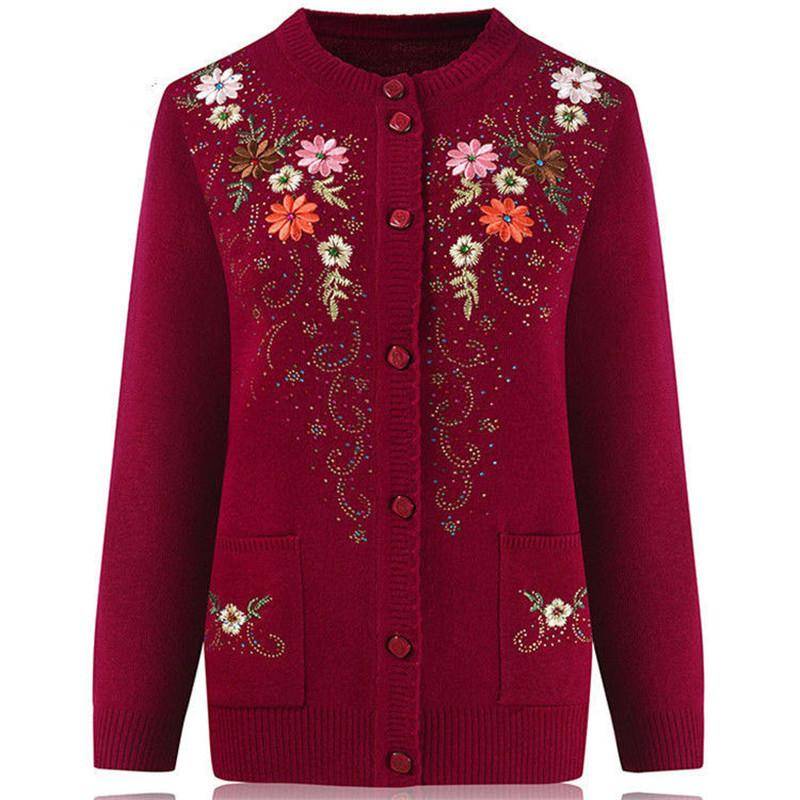 Einreihiger Slim-Pullovermantel für Damen im mittleren und älteren Alter mit Stickerei-Strickjacke XXXXL von Joom DACH