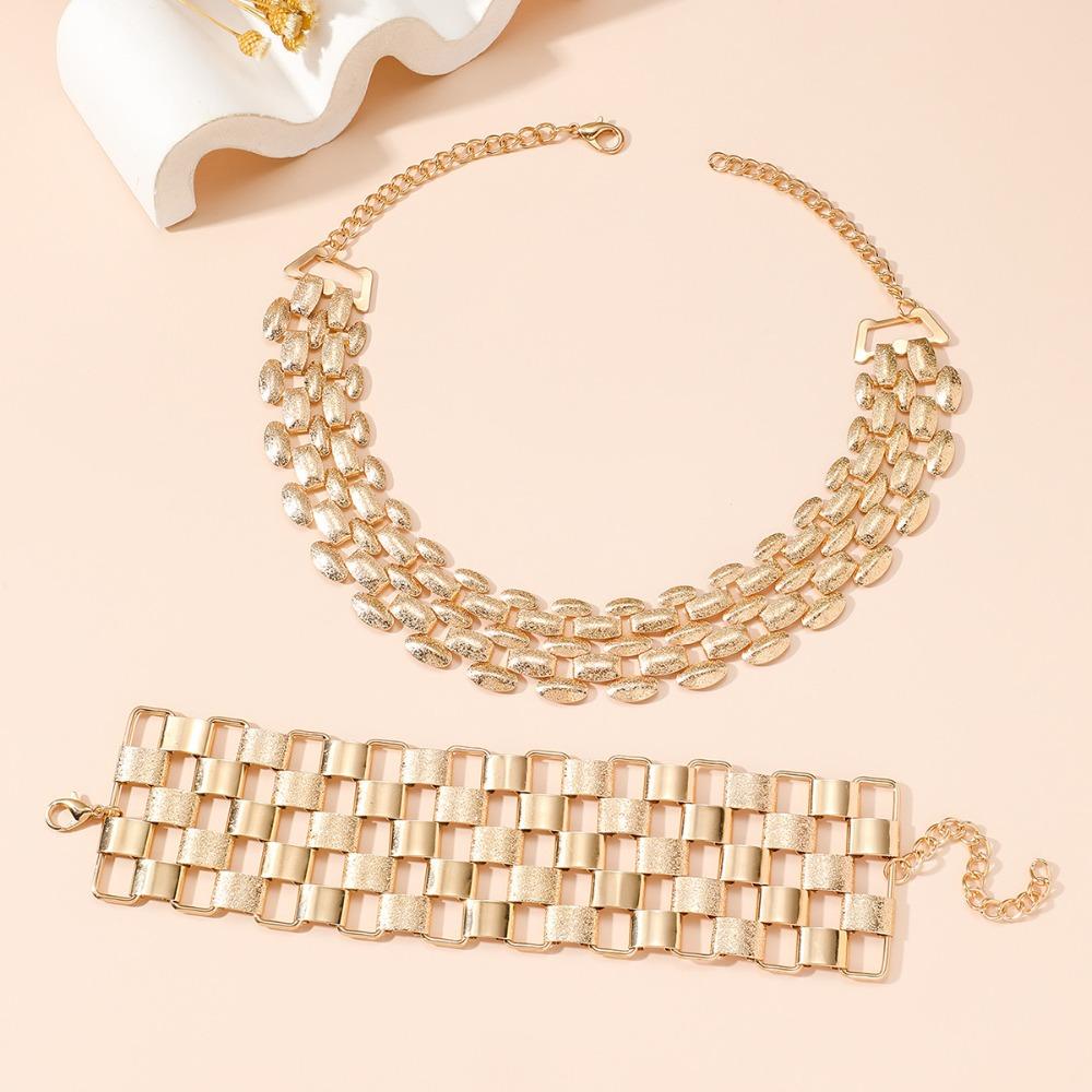 Einstellbare Metall Plaid Armband Kette Übertrieben Halskette Multilayer Schmuck Set Hochzeit gold von Joom DACH