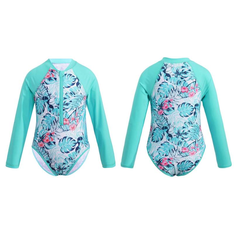Einteiliger Rash Guard-Badeanzug für Kinder und Mädchen mit langen Ärmeln, bedruckter Badeanzug mit Reißverschluss und Badebekleidung 9-10 Years von Joom DACH