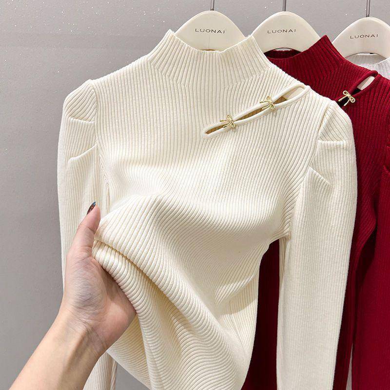 Einteiliger Samt-Rollkragenpullover mit dickem Samtfutter für Damen Winter Nieten-Strickpullover mit Innentop 2XL apricot von Joom DACH