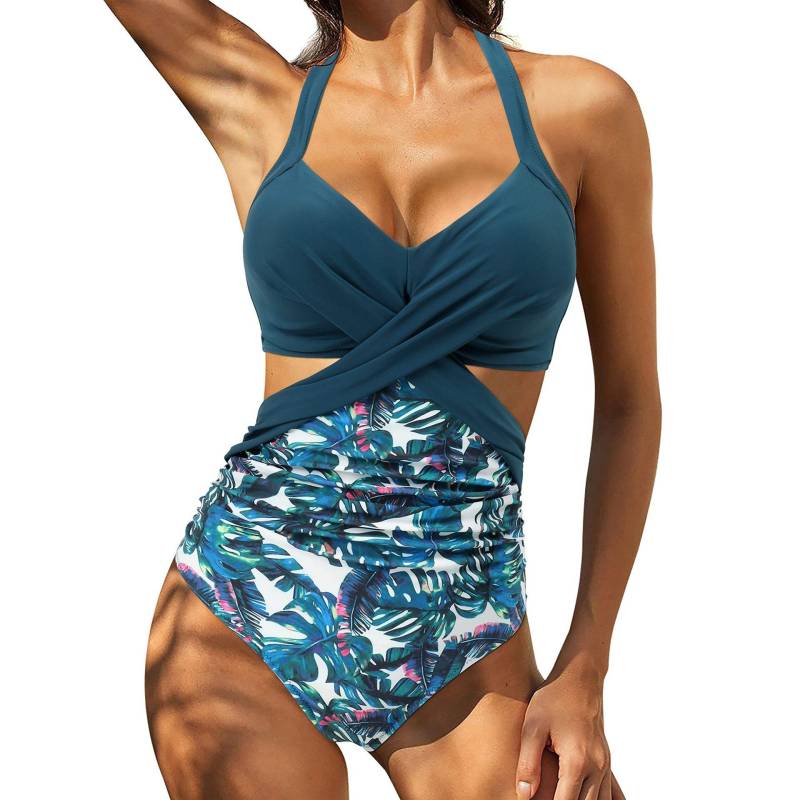 Einteiliger Tankini-Badeanzug, Neckholder, Übergröße, Brasilien, Strand, Push-up-Badeanzug, hoher Taillen-Body, Monokini-Bikini XXL blau/weiß von Joom DACH